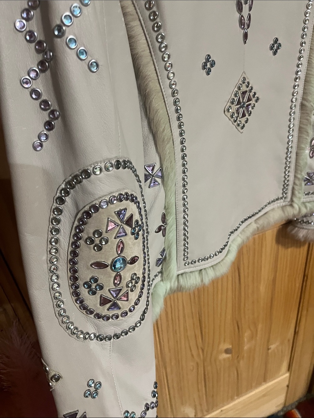 Cripple Creek Jewel Embellished Cream Fur-Trim Leather Jacket - Picture 8 of 10